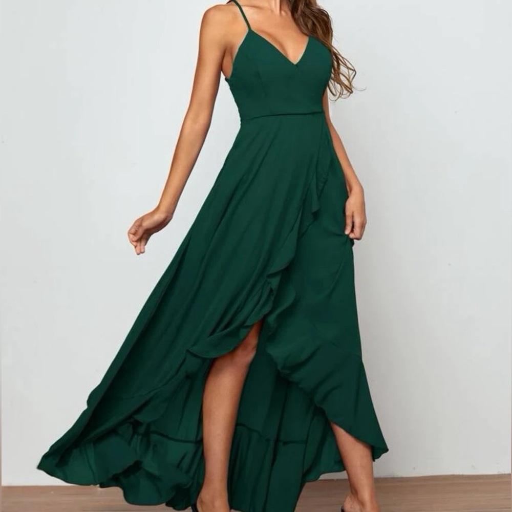 Belle Crisscross Lace Up Back Ruffle Asymmetrical Hem
Slip Bridesmaid Dress